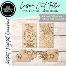 Load image into Gallery viewer, Add-on Honey Bee Cottage Cabinet Insert SVG | Laser Cut File | Cottage Cabinet Shelf Sitter | Seasonal Insert | Interchangeable Decor