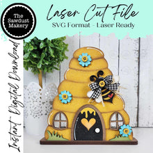 Load image into Gallery viewer, Beehive Tealight Shelf Sitter Standing Sign File SVG | Bee Laser Cut File | Honey Bee Mantle SVG | Bee Shelf Sitter