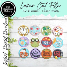 Load image into Gallery viewer, Vol. 8 ~ 12 Month Seasonal Round Bundle | 3" Round Signs | Candy/Mason/Cookie Jar lid Interchangeable Frame SVG | Laser Cut File