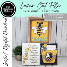 Load image into Gallery viewer, Honey Bee Trio Sign Bundle Laser Cut File | Interchangeable Frame | Honey Bee Sign Inserts | 5" x 6.25" signs | Spring Bee svg