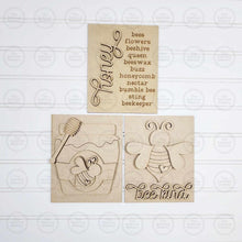 Load image into Gallery viewer, Honey Bee Trio Sign Bundle Laser Cut File | Interchangeable Frame | Honey Bee Sign Inserts | 5" x 6.25" signs | Spring Bee svg