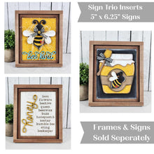 Load image into Gallery viewer, Honey Bee Trio Sign Bundle Laser Cut File | Interchangeable Frame | Honey Bee Sign Inserts | 5" x 6.25" signs | Spring Bee svg