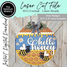 Load image into Gallery viewer, Hello Honey Bee Door Hanger SVG | Digital download | Round door hanger | Laser Cut File | Daisy | Honey Bee Decor | Summer SVG