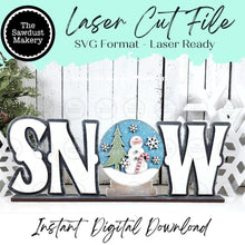 Load image into Gallery viewer, Snow Snow Globe Snowman Word Art Shelf Sitter Standing Sign File SVG | Winter Laser Cut File | Winter Mantle decor | Word Art Svg