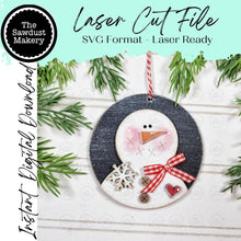 Load image into Gallery viewer, Prim Snowman Round Ornament SVG File | Laser Cut File | Christmas Ornament SVG | Ornament SVG | Snowman Laser Svg