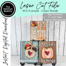 Load image into Gallery viewer, Fall Harvest Pumpkin Trio Sign Bundle Laser Cut File | Interchangeable Frame | Fall Sign Inserts | 5" x 6.25" signs