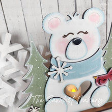 Load image into Gallery viewer, Sitting Polar Bear Winter Candle Votive Shelf Sitter SVG File | Laser Cut File | Winter SVG | Votive Candles | Christmas Trees SVG