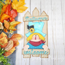Load image into Gallery viewer, Scarecrow Gnome Sign Door Hanger SVG File | Laser Cut File | Fall SVG File | Door Hanger svg | Scarecrow SVG | Sunflower svg