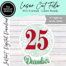 Load image into Gallery viewer, December 25 Christmas Globe Laser Cut File | Light Up Shelf Sitter SVG (Digital Download)