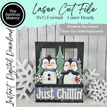 Load image into Gallery viewer, Add-on for Interchangeable Window Box | Just Chillin' Penguin Window Box Insert SVG | Laser Cut File | Window Box Shelf Sitter