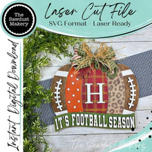 Load image into Gallery viewer, Patchwork Pumpkin Football Game Day Personalized Door Hanger SVG | Fall Laser Cut File (Digital Download)