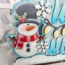 Load image into Gallery viewer, Winter Wishes Snowman Shelf Sitter Standing Sign File SVG | Winter Laser Cut File | Winter Mantle decor | Christmas SVG | Snowman Word Art