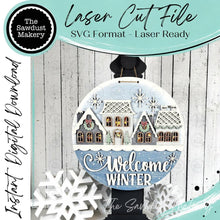 Load image into Gallery viewer, Winter Welcome Round Door Hanger Laser Cut File | Christmas Door Hanger SVG (Digital Download)