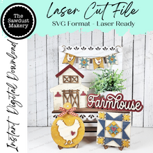 Load image into Gallery viewer, Farmhouse Barn Quilt Chicken Breadboard Decor Set SVG File | Laser File | Farmhouse svg | Chicken SVG | Barn Quilt SVG | Tiered tray decor