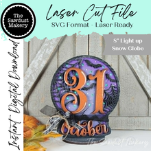 Load image into Gallery viewer, Oct 31 Halloween Globe Laser Cut File | Light Up Shelf Sitter SVG (Digital Download)