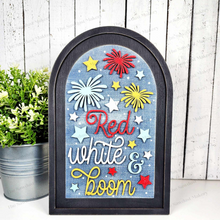 Load image into Gallery viewer, Interchangeable Large Arched Boho Sign Insert | Red White & Boom 4th of July | Laser Cut File | Boho Signs | Seasonal Interchangeable SVG