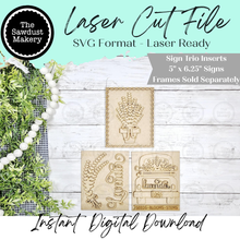 Load image into Gallery viewer, Lavender Trio Sign Bundle Laser Cut File |  Interchangeable Frame | Lavender Sign Inserts | 5" x 6.25" signs | Spring svg
