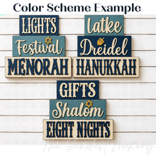 Load image into Gallery viewer, Hanukkah Word Stackers | Hanukkah Menorah Mini Block SVG | SVG File | Laser Cut File | Glowforge | Hanukkah Tiered Tray Decor laser cut svg
