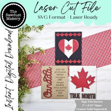 Load image into Gallery viewer, Canada Day Sign Trio Bundle Laser Cut File |  Interchangeable Frame | Canada Sign Inserts | 5" x 6.25" signs
