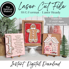 Load image into Gallery viewer, Gingerbread Christmas Trio Sign Bundle Laser Cut File |  Interchangeable Frame | Fall Sign Inserts | 5" x 6.25" signs | Gingerbread House
