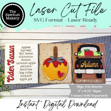Load image into Gallery viewer, Autumn Apple Cider Trio Sign Bundle Laser Cut File |  Interchangeable Frame | Fall Sign Inserts | 5" x 6.25" signs
