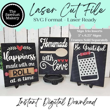 Load image into Gallery viewer, Primitive Home Kitchen Trio Sign Bundle Laser Cut File |  Interchangeable Frame | Primitive Kitchen Sign Inserts | 5" x 6.25" signs
