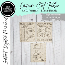 Load image into Gallery viewer, Football Sign Trio Bundle Laser Cut File |  Interchangeable Frame | Football Sign Inserts | 5" x 6.25" signs | Touchdown | Game Day
