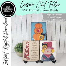 Load image into Gallery viewer, Autumn Fall Scarecrow Trio Sign Bundle Laser Cut File |  Interchangeable Frame | Fall Sign Inserts | 5" x 6.25" signs
