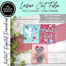 Load image into Gallery viewer, Cupid Valentine Trio Sign Bundle Laser Cut File |  Interchangeable Frame | Valentine Sign Inserts | 5" x 6.25" signs | Be Mine svg
