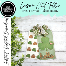 Load image into Gallery viewer, Hello Shamrock St Patrick's Tag Door Hanger SVG File  | Laser Cut File | St. Patricks SVG File | Door Hanger SVG | Hello svg
