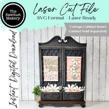 Load image into Gallery viewer, Add-on Daisy Cottage Cabinet Insert SVG | Laser Cut File | Cottage Cabinet Shelf Sitter | Seasonal Insert | Interchangeable Decor

