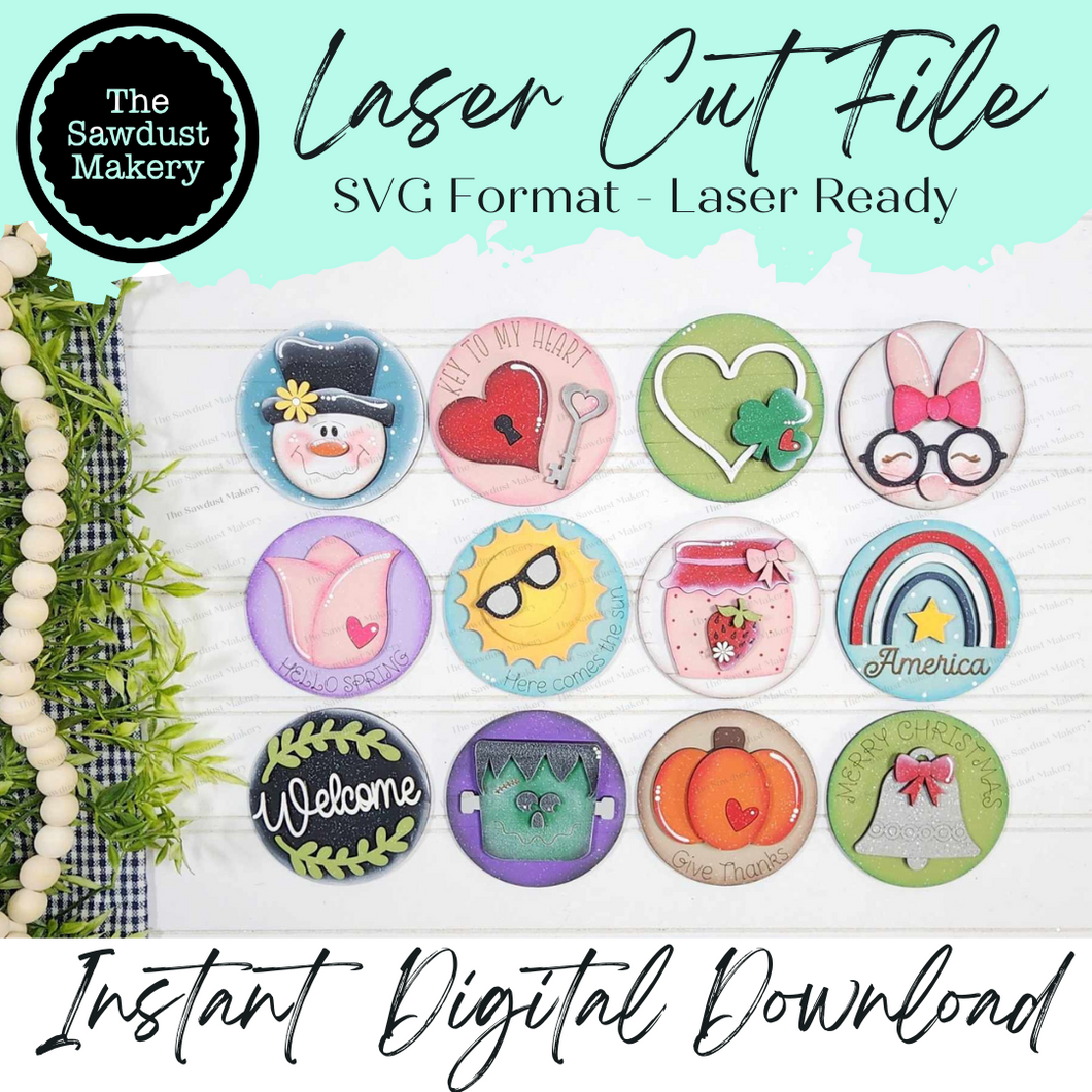 Vol.  6 ~ 12 Month Seasonal Round Bundle | Candy/Mason/Cookie Jar lid Interchangeable Frame SVG | Laser Cut File | Interchangeable Frame