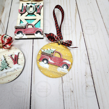 Load image into Gallery viewer, Joy Barn Door Christmas Truck Scrap Buster Ornament SVG | Round Shiplap | Barn Door Ornament | wood digital cut file | Farmhouse
