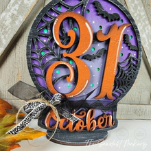 Load image into Gallery viewer, Oct 31 Halloween Globe Laser Cut File | Light Up Shelf Sitter SVG (Digital Download)
