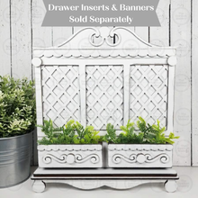 Load image into Gallery viewer, Cottage Cabinet Interchangeable Banner Scallop Lattice Base SVG | Home Decor SVG | Laser Cut File | Interchangeable Shelf Sitter SVG
