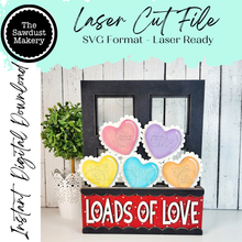 Load image into Gallery viewer, Add-on for Interchangeable Window Box | Cute Hearts Valentine Window Box Insert SVG | Laser Cut File | Window Box Shelf Sitter

