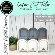 Load image into Gallery viewer, Mini Arch Triple Window Interchangeable Frame Sign Holder | Mini Arch Boho Frame | Scallop Arched Frame Laser Cut File
