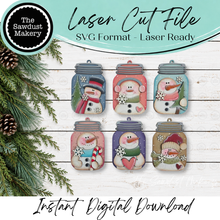 Load image into Gallery viewer, Snowmen Mason Jar Gift Card Holder Ornament Bundle | Laser Cut File | Christmas Ornament SVG | Ornament SVG (Digital Download)
