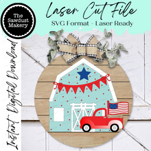 Load image into Gallery viewer, Patriotic Barn &amp; Truck  4th of July Door Hanger SVG File  | Laser Cut File | 4th of July SVG File | Door Hanger svg | Summer svg | USA
