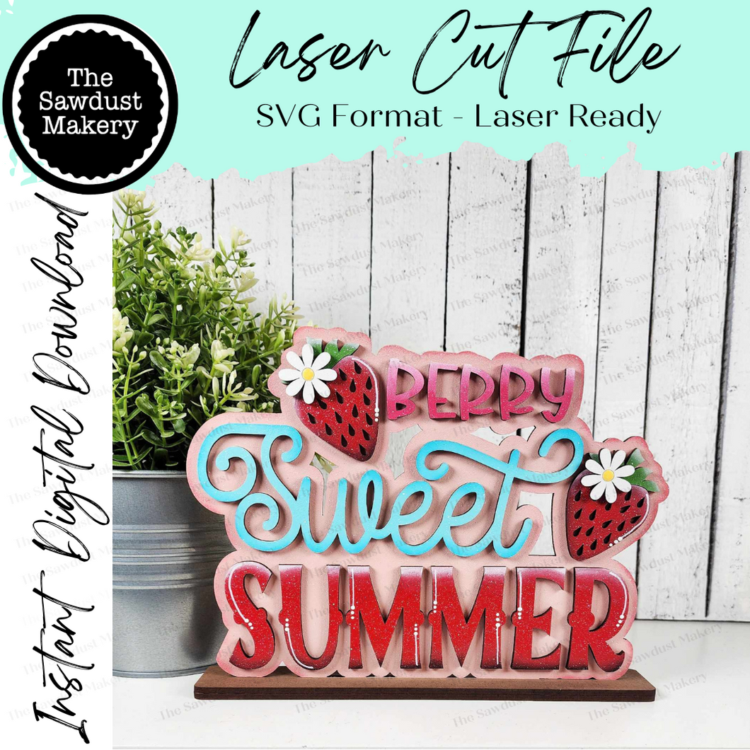 Summer Strawberry Word Art Shelf Sitter Standing File SVG | Summer Laser Cut File | Strawberry decor |  Strawberry SVG