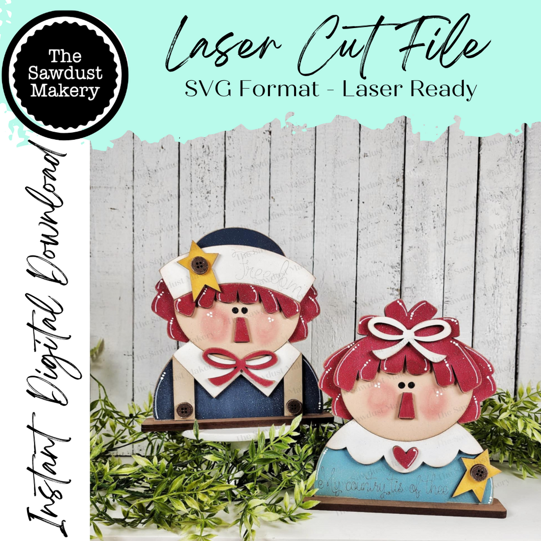 Primitive Raggedy Ann & Andy Americana Shelf Sitter Standing File SVG |  Laser Cut File | Americana decor | Primitive Shelf Sitter SVG