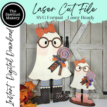 Load image into Gallery viewer, Gertie Halloween Ghost SVG, Laser Cut File, Shelf Sitter (Digital Download)
