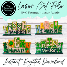 Load image into Gallery viewer, Add-on Mini St. Patrick&#39;s Day Word Block 5 &amp; 6 Letter Sets | Mini Word Block SVG laser Cut File | Glowforge | Standing Reversible SVG File
