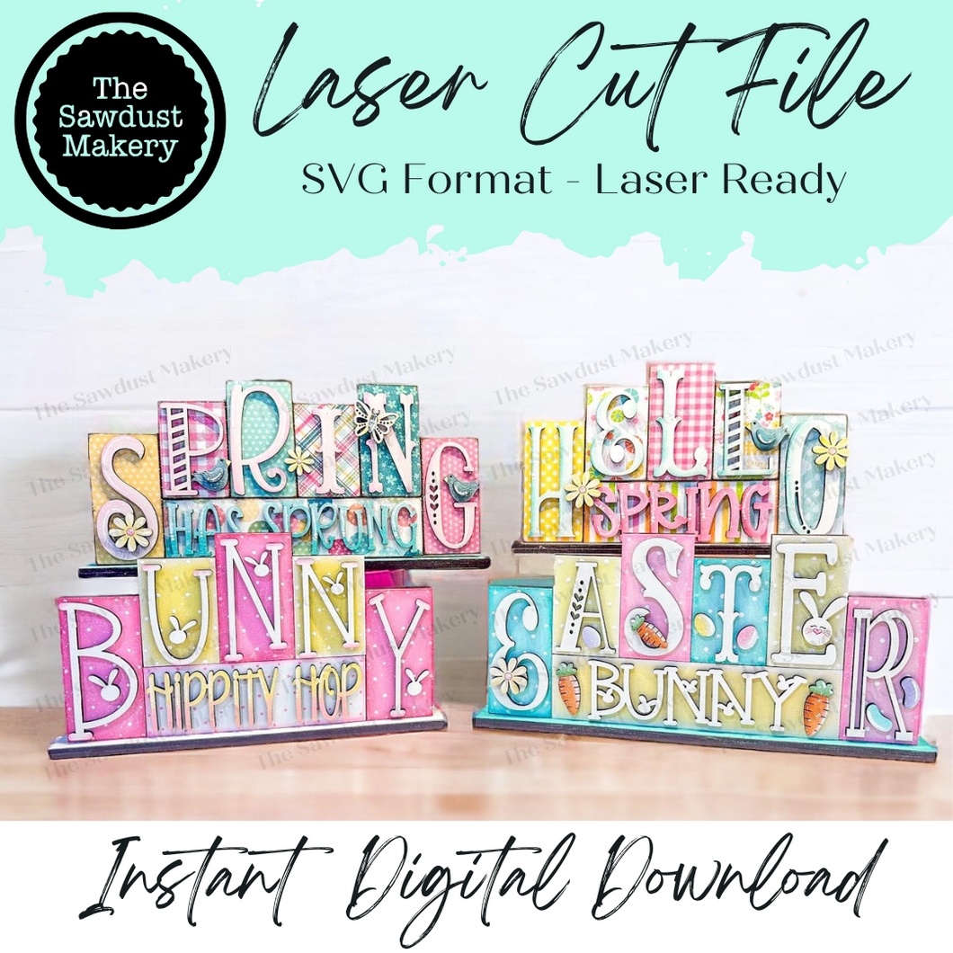 Add-on Mini Easter and Spring Word Block 5 & 6 Letter Sets | Mini Word Block SVG laser Cut File | Glowforge | Standing Reversible SVG File