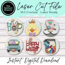 Load image into Gallery viewer, 6&quot; Round Easter Interchangeable Sign Set SVG  File | Laser Cut File | Interchangeable  Farmhouse Frame | Bunny | Happy Easter SVG | HOP

