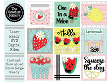 Load image into Gallery viewer, Summer Fruit Laser Cut SVG File | Summer Interchangeable Leaning Sign Bundle File SVG | Strawberry | Lemonade | Watermelon | Farmhouse Frame

