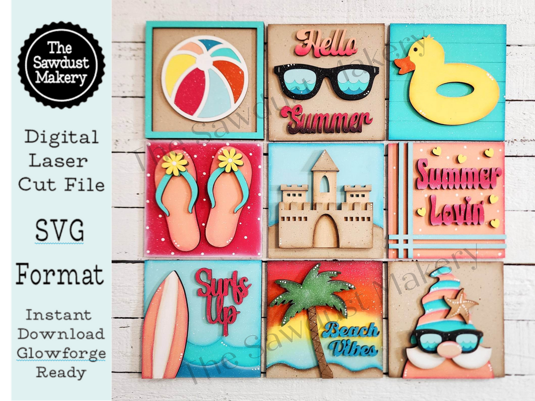 Summer Beach Laser Cut Files | Summer Interchangeable Leaning Sign Bundle File SVG | Glowforge | Summer Tiered Tray SVG | Farmhouse Frame