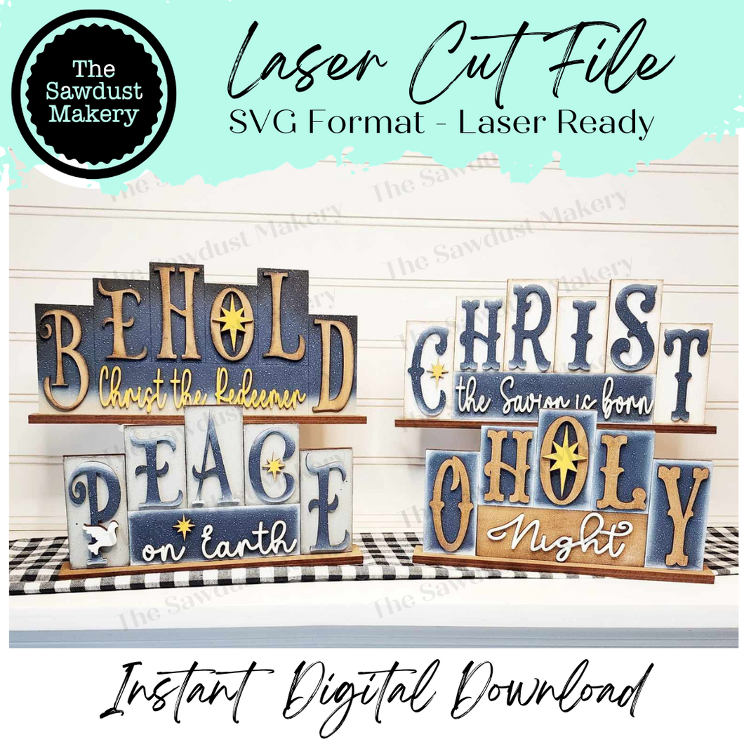 Add-on Mini Religious Nativity Word Block 5 & 6 Letter Sets | Mini Word Block laser Cut SVG File | Glowforge | Tiered Tray Laser decor SVG