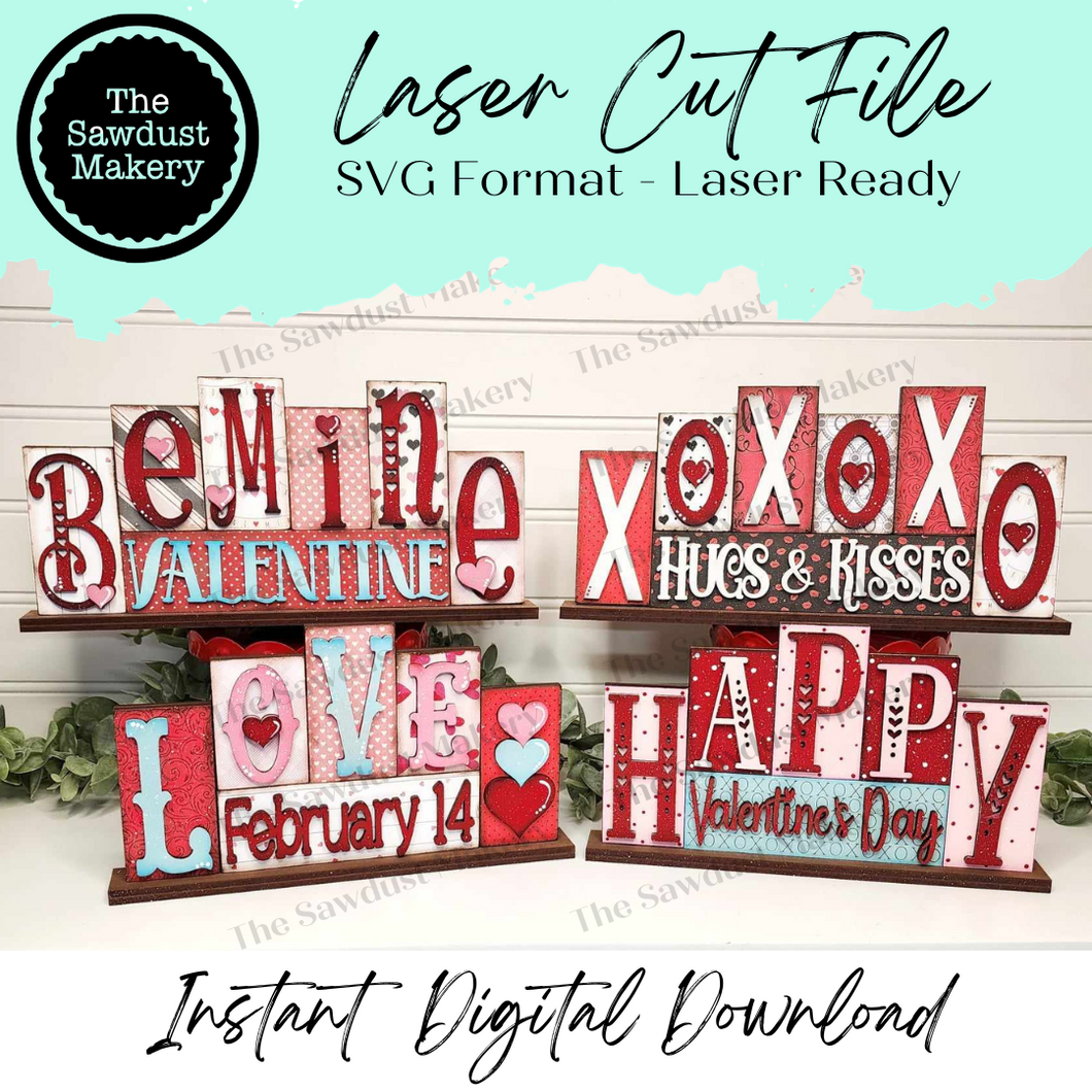 Add-on Mini Valentine Word Block 5 & 6 Letter Sets | Mini Word Block SVG laser Cut File | Glowforge | Standing Reversible SVG File