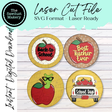 Load image into Gallery viewer, 6&quot; Round Back to School Sign Set SVG  File | Laser Cut File | Interchangeable Frame | Apples | School | Best Teacher Ever | School SVG
